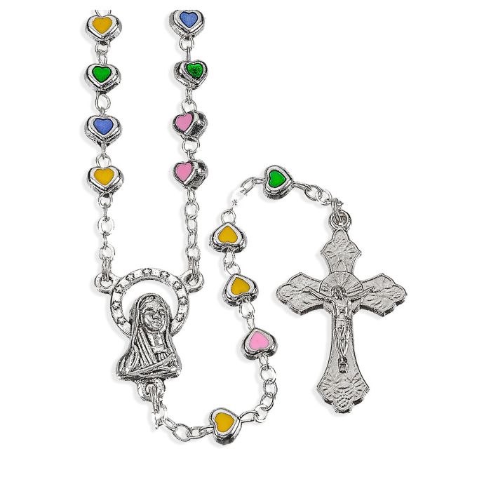 4mm Multicolored Epoxied Heart Shaped Bead Rosary with Oxidized Center and Crucifix-P65
