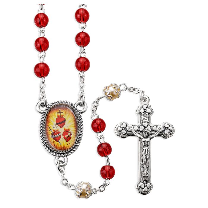 JMJ Three Hearts Rosary in 6mm Glass Ruby and Pearl Beads