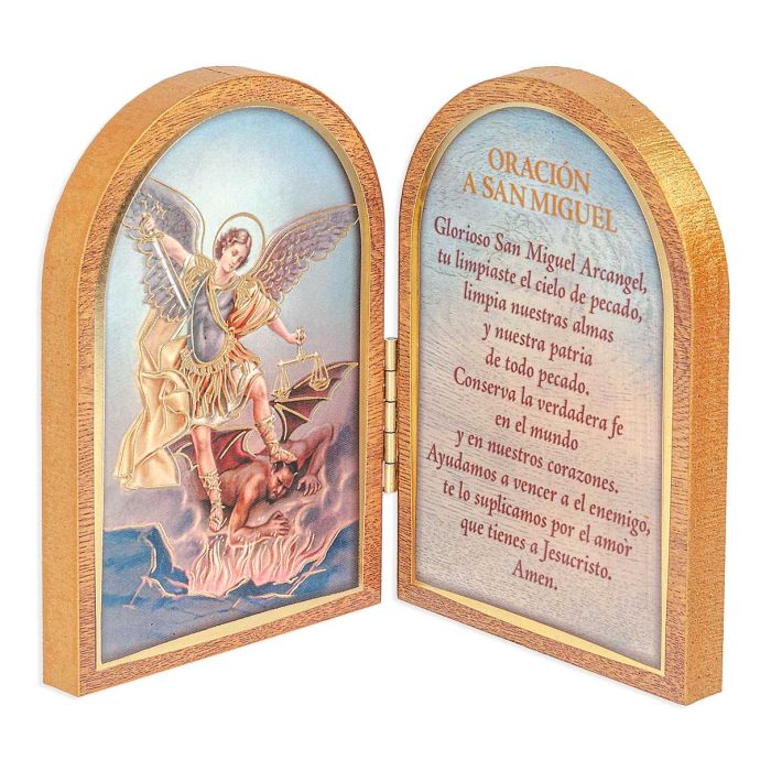 St. Michael Standing Natural Wood Diptych in Spanish
