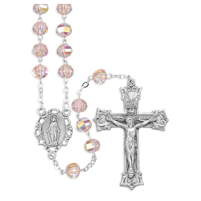 8mm Deluxe Faceted Rose Glass Bead Rosary, Boxed