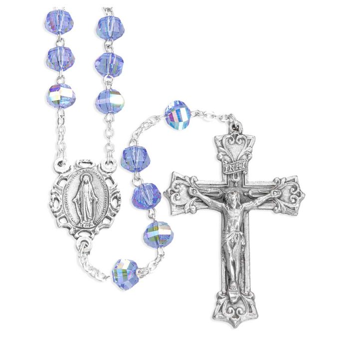 8mm Deluxe Faceted Sapphire Glass Bead Rosary, Boxed