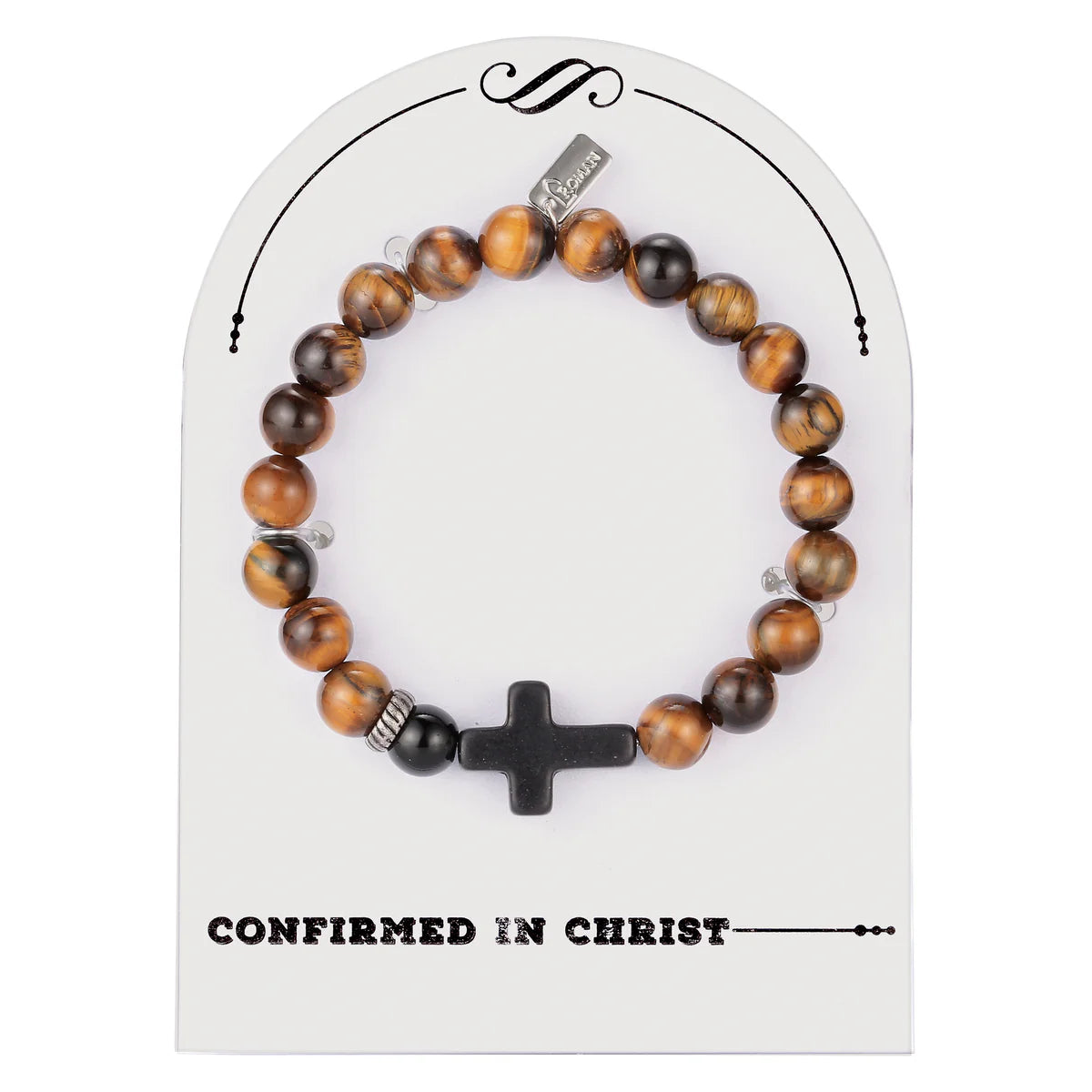 Confirmed in Christ” Tiger Eye Gemstone Stretch Bracelet