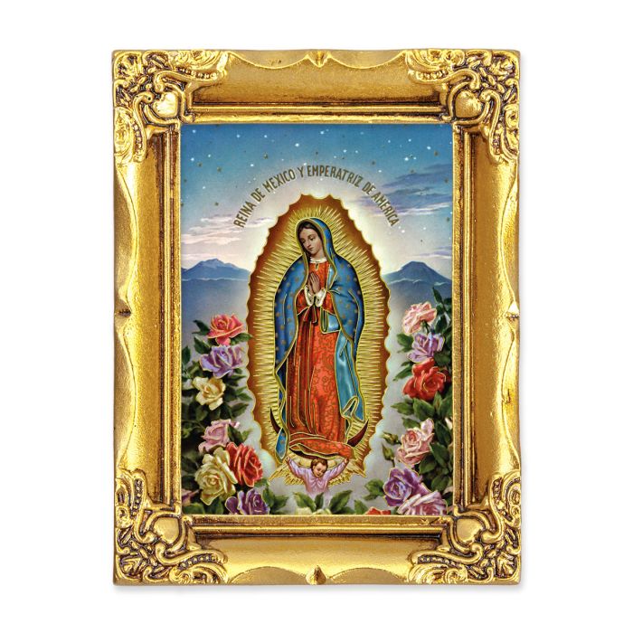 4 1/2" x 3 1/2" Antique Gold Frame with a 2 1/2" x 3 1/2" Our Lady of Guadalupe Gold Stamped Print-P65