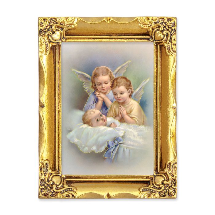 4 1/2" x 3 1/2" Antique Gold Frame with a 2 1/2" x 3 1/2" Guardian Angels Gold Stamped Print-P65