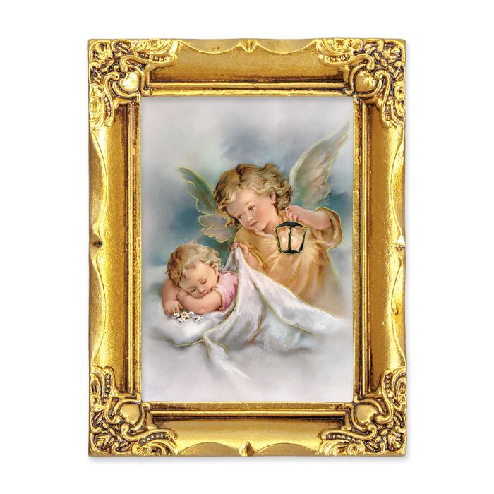4 1/2" x 3 1/2" Antique Gold Frame with a 2 1/2" x 3 1/2" Guardian Angel with Lantern Gold Stamped Print-P65