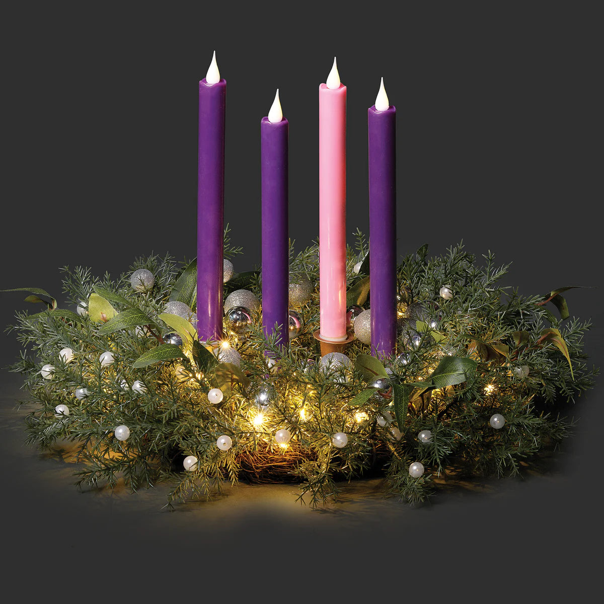 PINE WITH SILVER ORNAMENTS ADVENT WREATH  CANDLE HOLDER 16"D