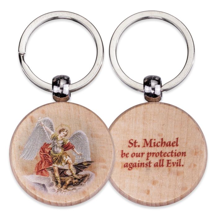 St. Michael Round Wooden Keychain