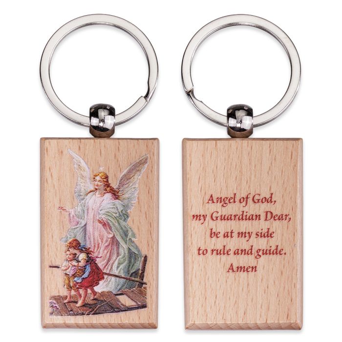 Guardian Angel Rectangular Wooden Keychain