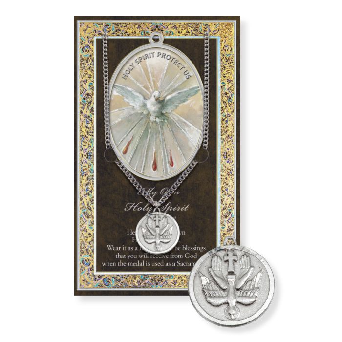 Holy Spirit Genuine Pewter Medal on a 24" Chain with Biography and Picture Folder