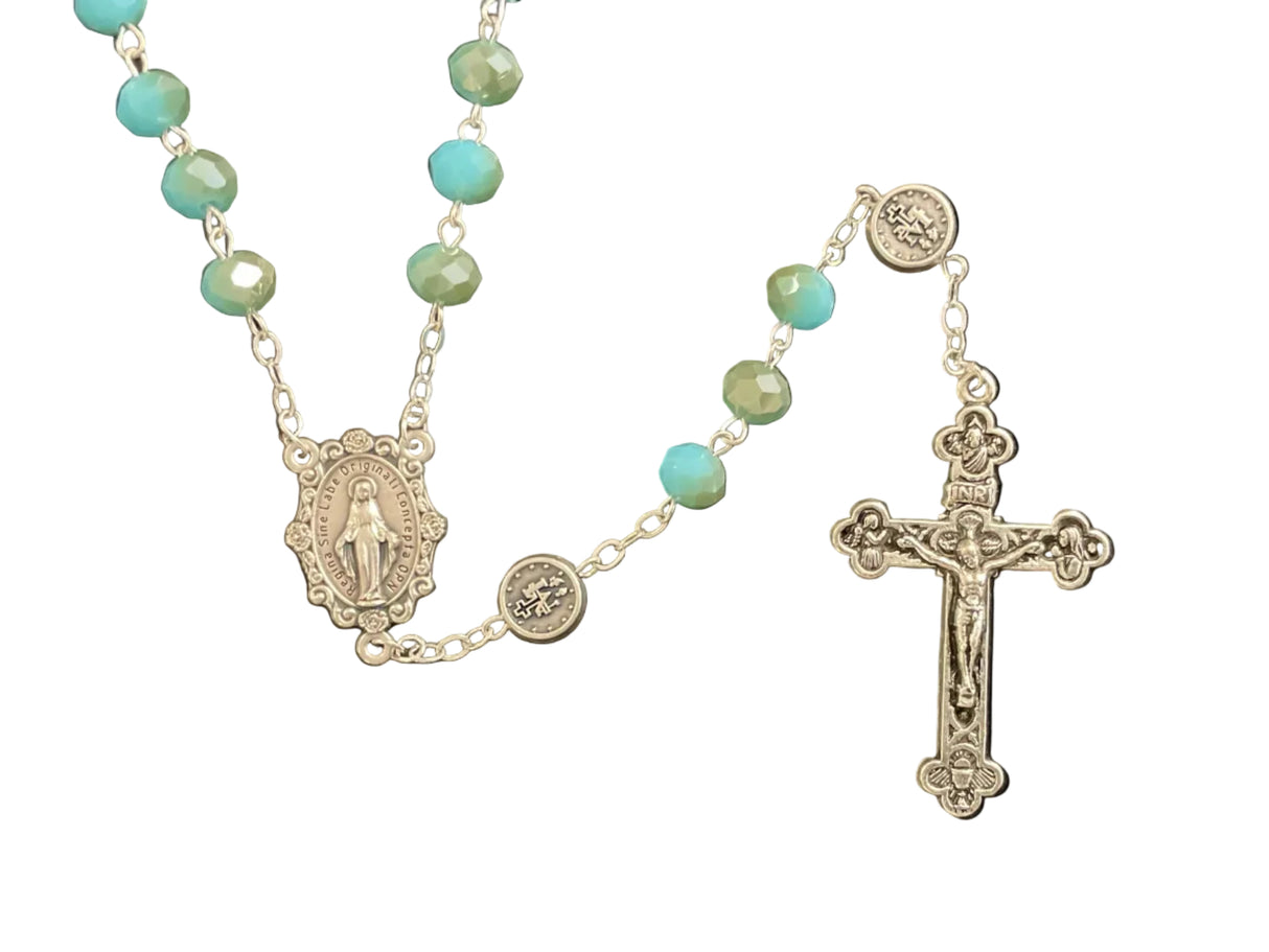 MIRACULOUS MEDAL 2 TONED AQUA BEAD ROSARY