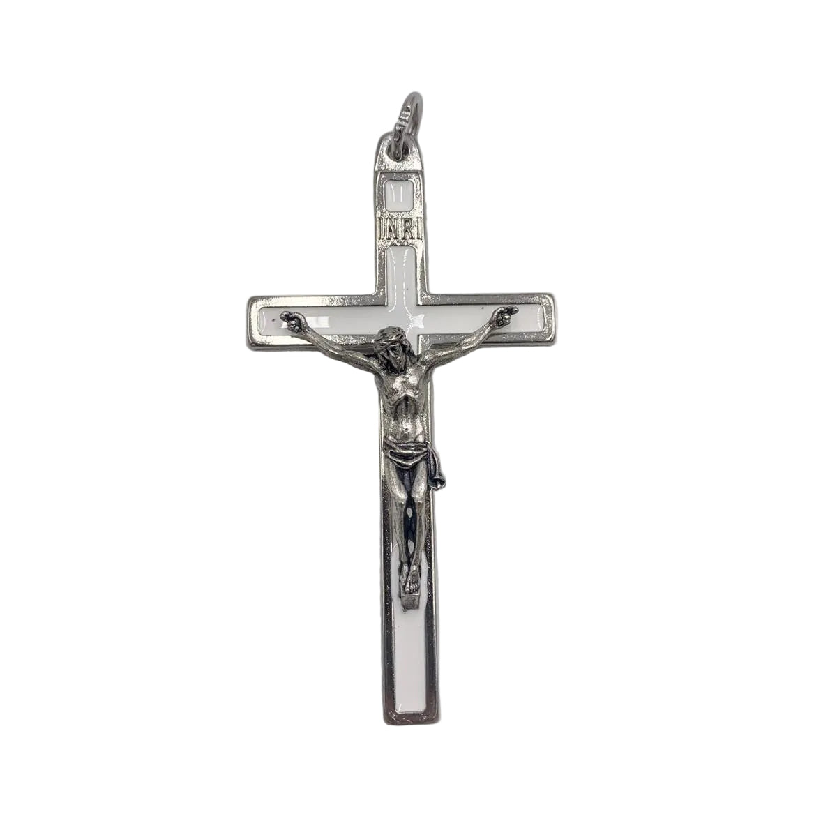 3" SILVER AND WHITE ENAMEL CRUCIFIX