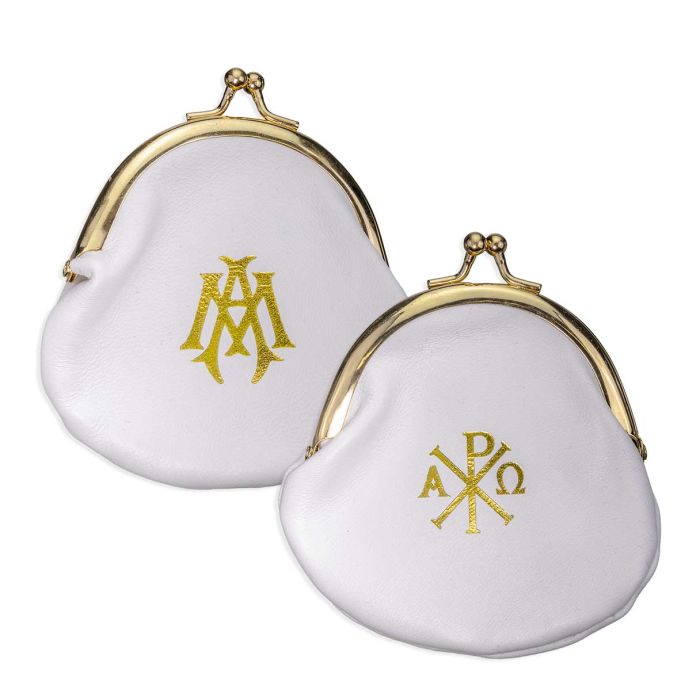Genuine Sheepskin Leather Rosary Pouch in Soft White with Polished Brass Snap Opening and Smooth Velvet Lining with Gold