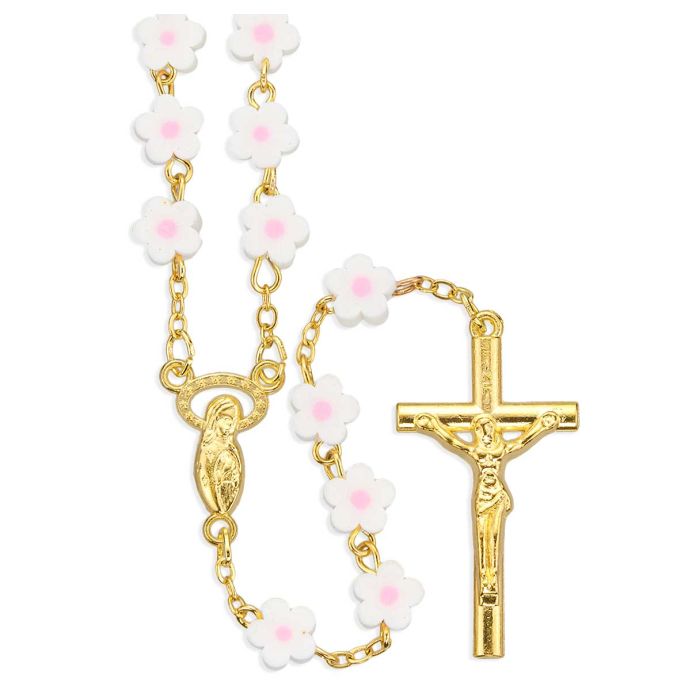 7mm White and Pink Flower Fimo Bead Rosary with Gold Plating-P65