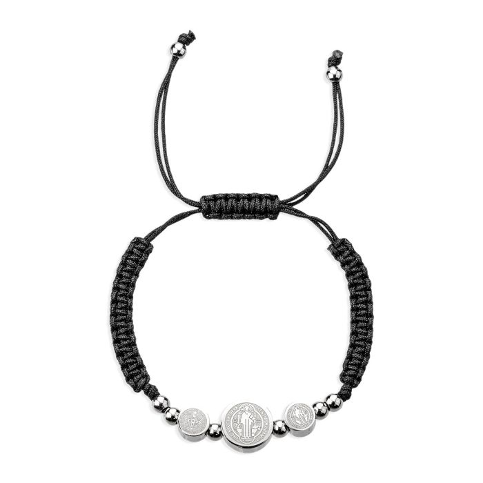 Saint Benedict Silver Triple Medal Cross Corded Bracelet
