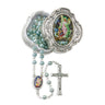4mm Light Blue Pearlized Bead Rosary with Picture Center and Fancy Crucifix in Metal Keepsake Box