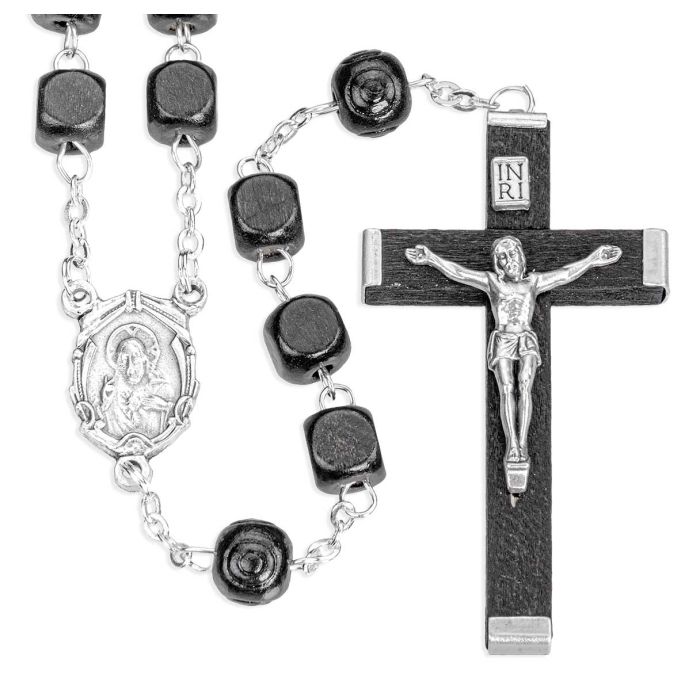 Black Square Wood Bead Rosary with Carved Pater Beads