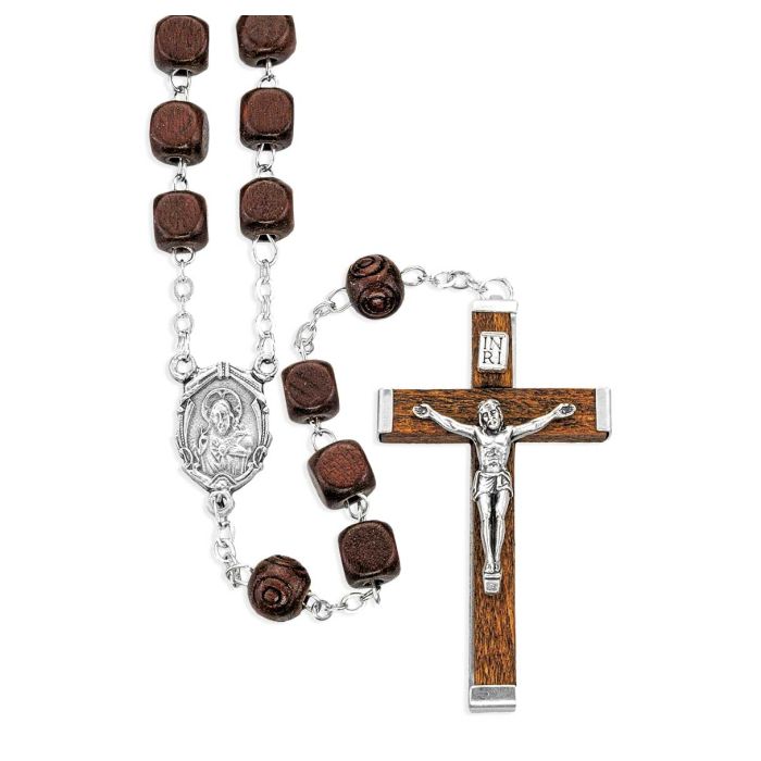 Brown Square Wood Bead Rosary with Carved Pater Beads