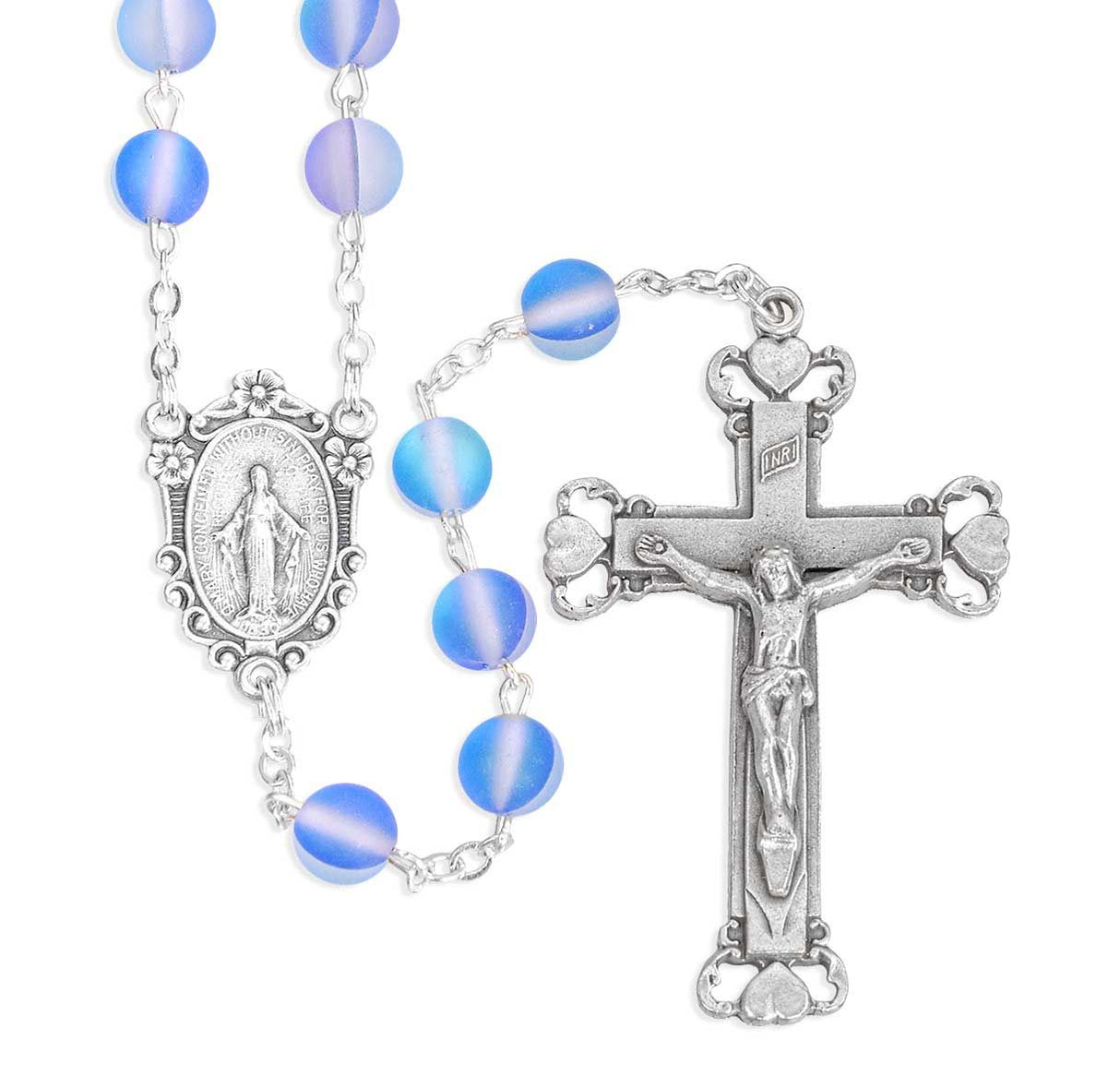 6mm Blue Cats Eye Glass Bead Rosary, Boxed