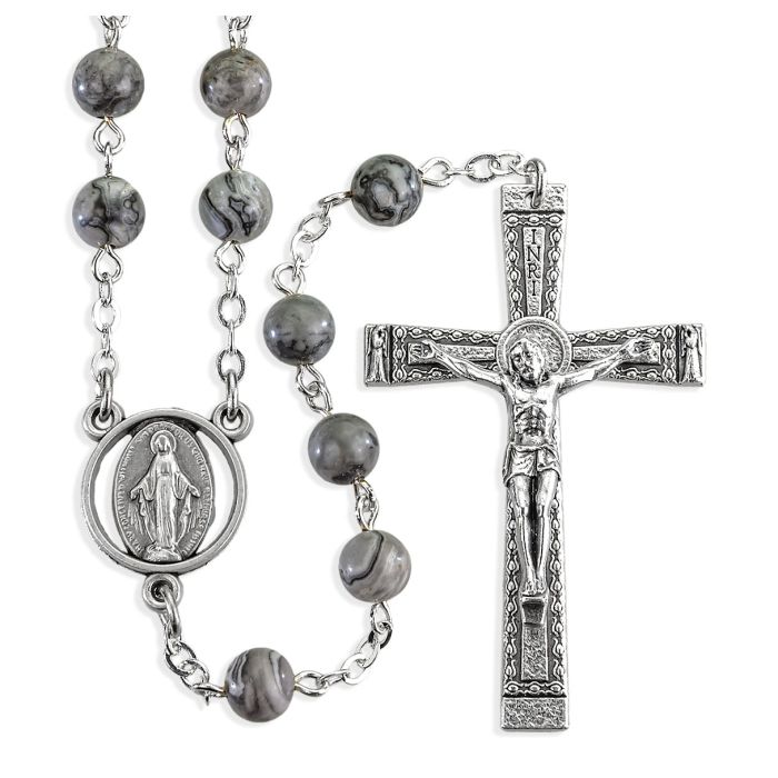6MM GENUINE GREY LIME STONE BEAD ROSARY, BOXED