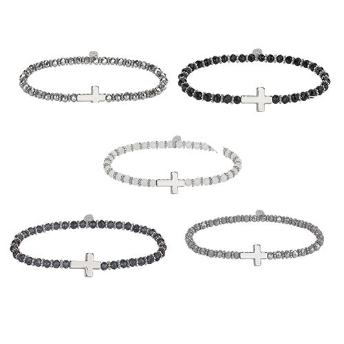 7"L SILVER CROSS BRACELET ASST STRETCH; BUTTERFLY TAG