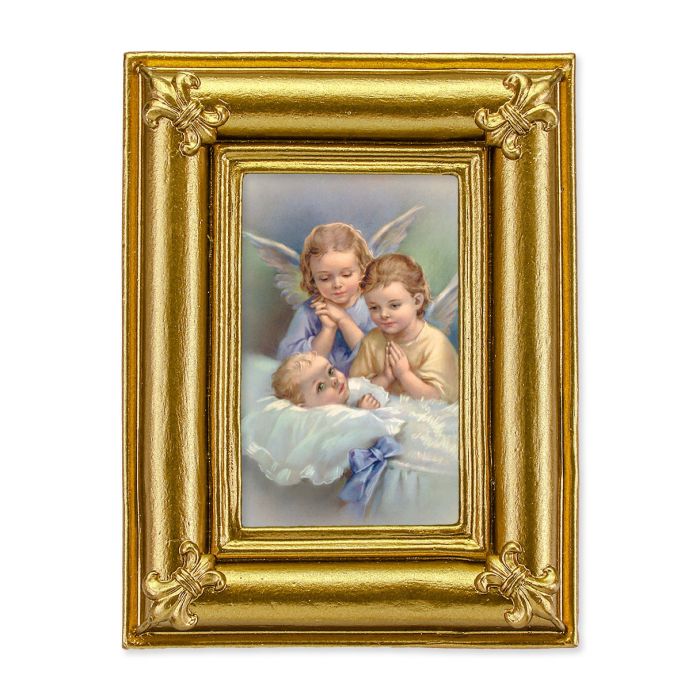 3 1/2" x 4 1/2" Gold Frame with Fleur de lis corners and a Guardian Angel over children print- P65 STICKER