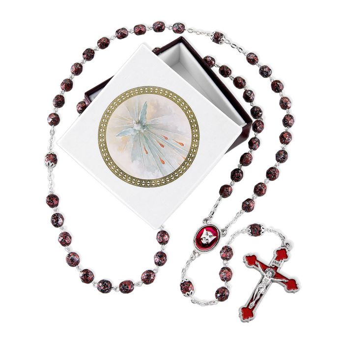 HOLY SPIRITRED GRANITE GLASS BEAD ROSARY, BOXED