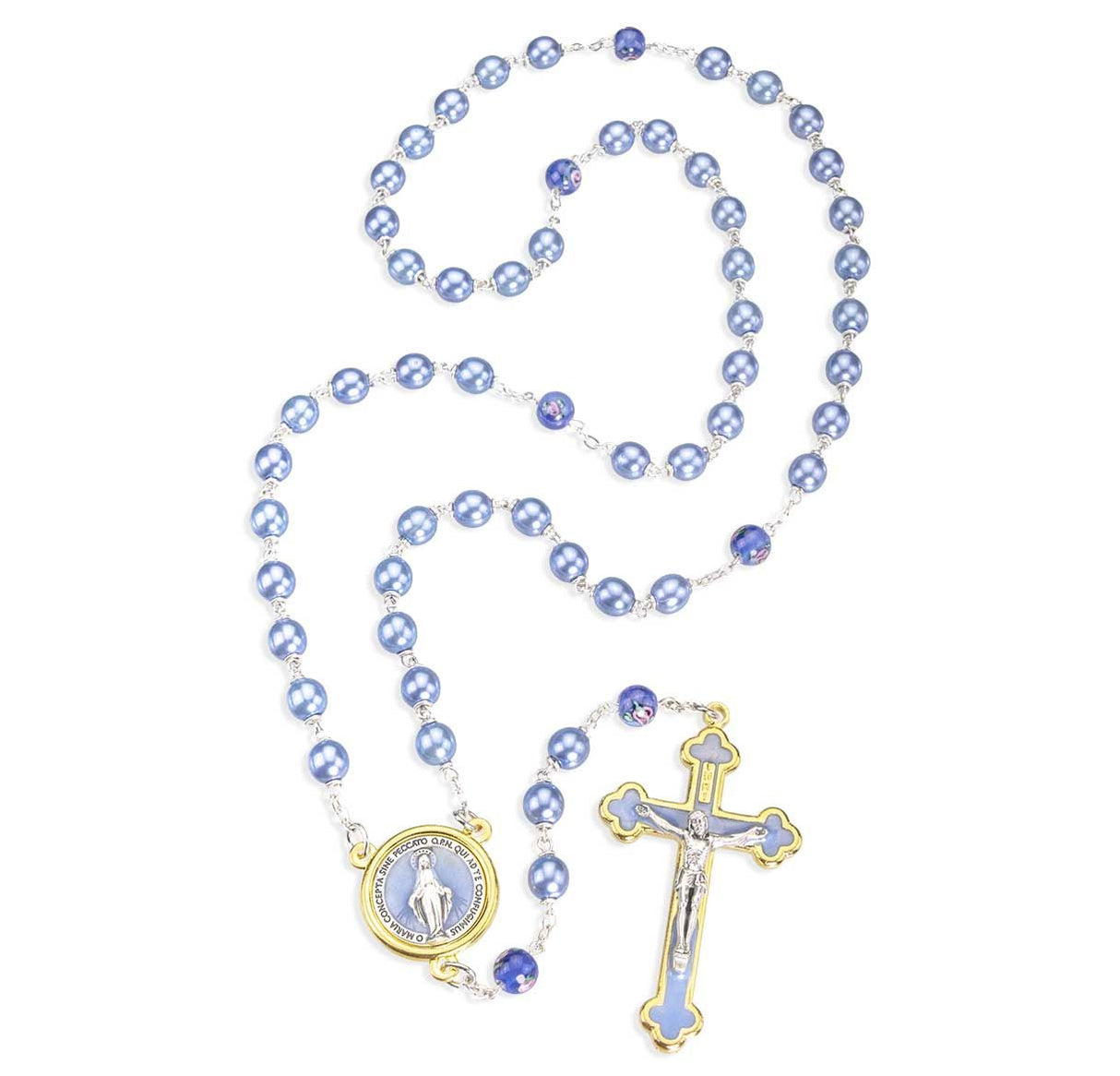 Light Blue Pearl Bead Rosary with Gold Rimmed Silver Ox Miraculous Medal Centerpiece and Gold Finished Latin Style Crucifix, Boxed