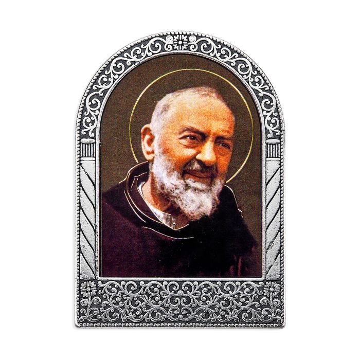 Antique Silver Metal Arched Easel with Gold Embossed St Pio Print