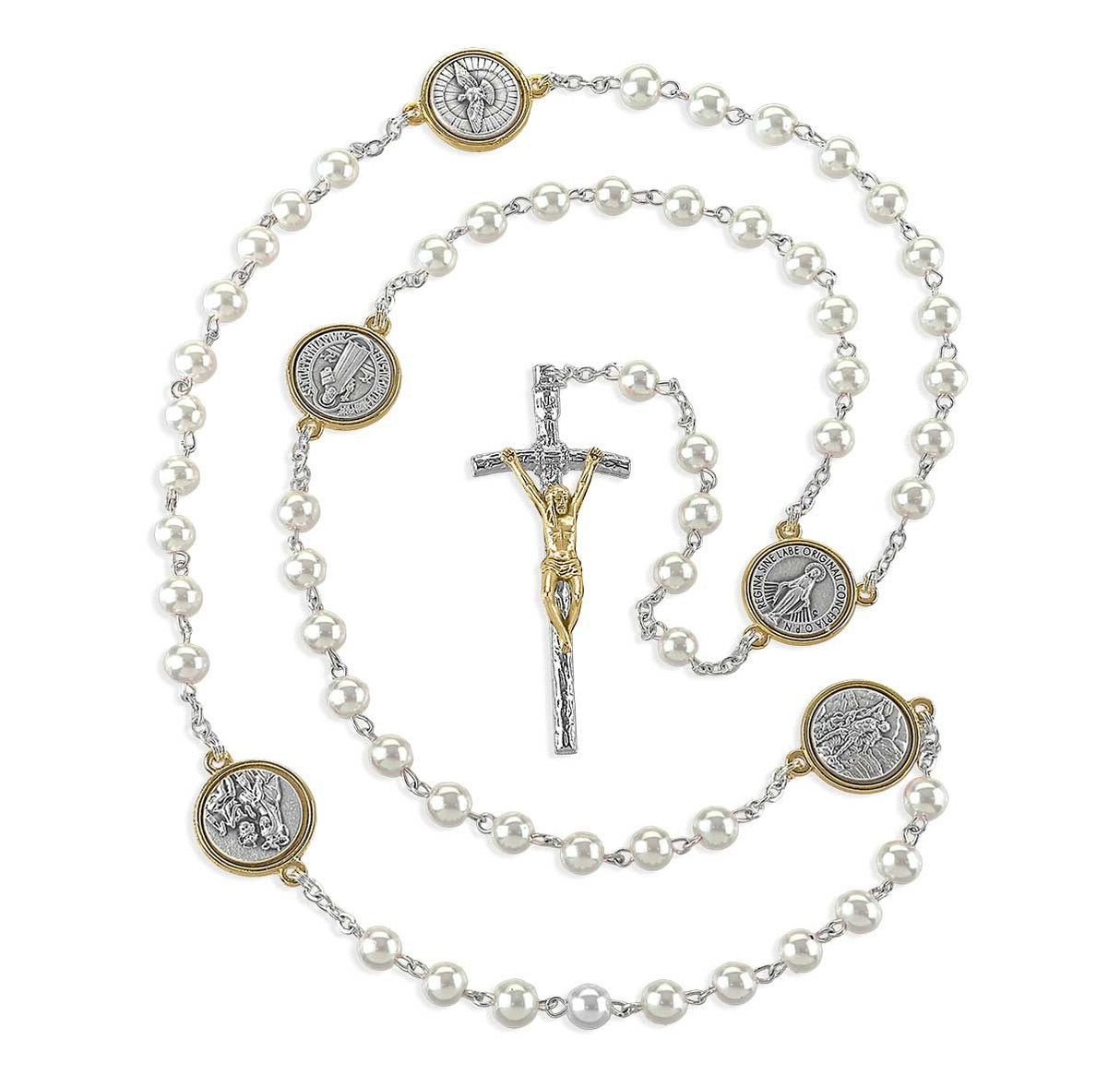 WHITE PEARL BEAD ROSARY WITH SAINTS MEDALS as "OUR FATHER" BEADS
