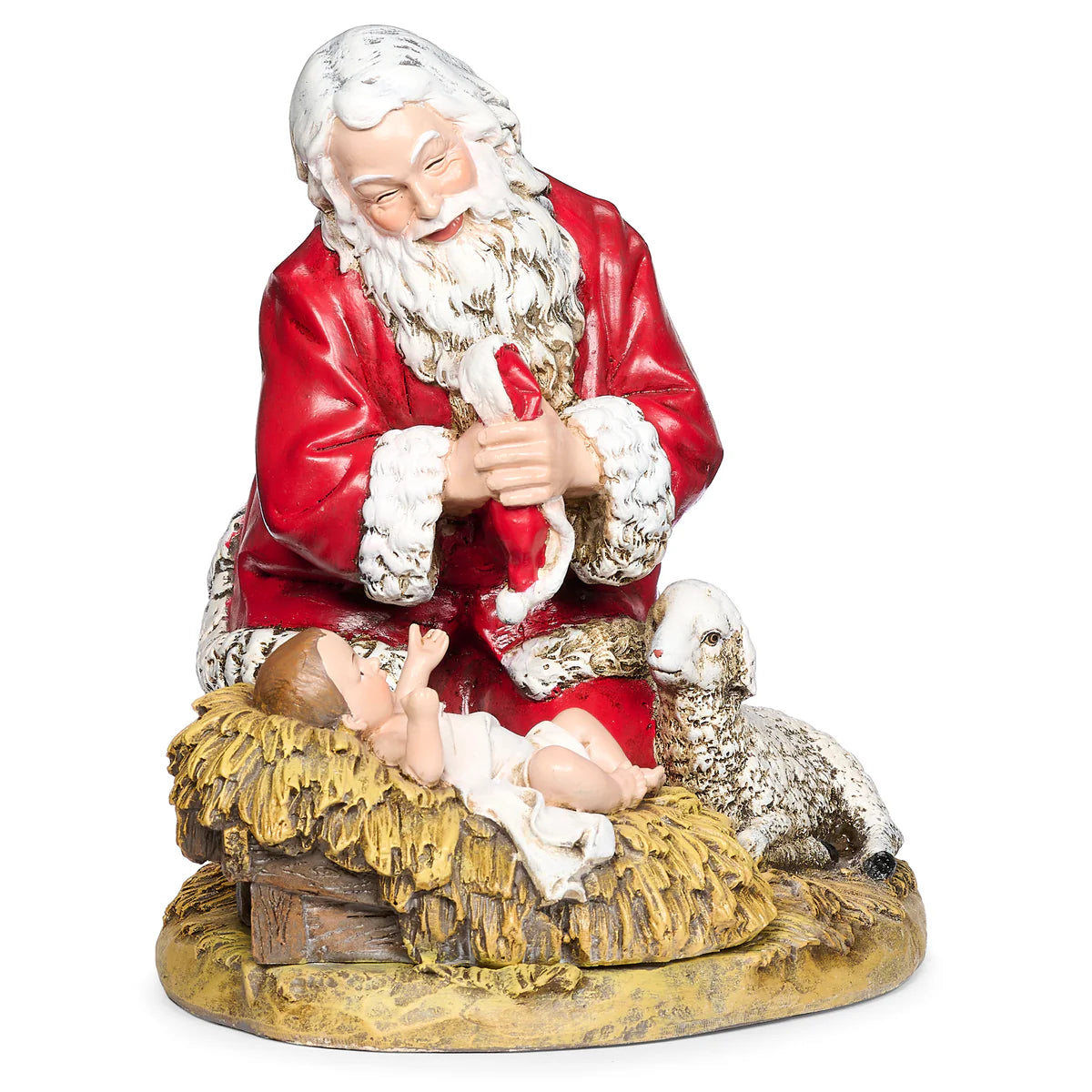 KNEELING SANTA WITH BABY JESUS ON HAY 7"H