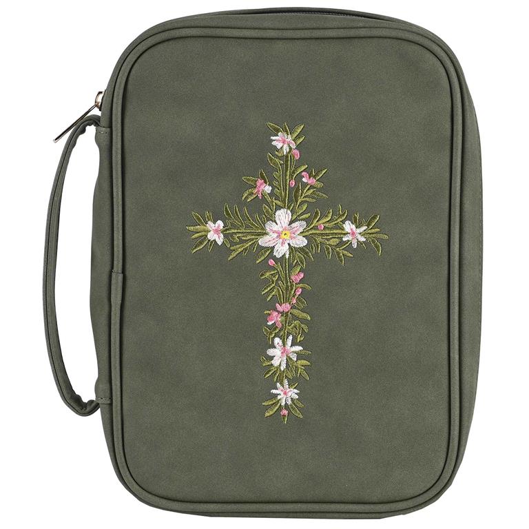GREEN BIBLE COVER WITH  FLOWER EMBROIDERED CROSS