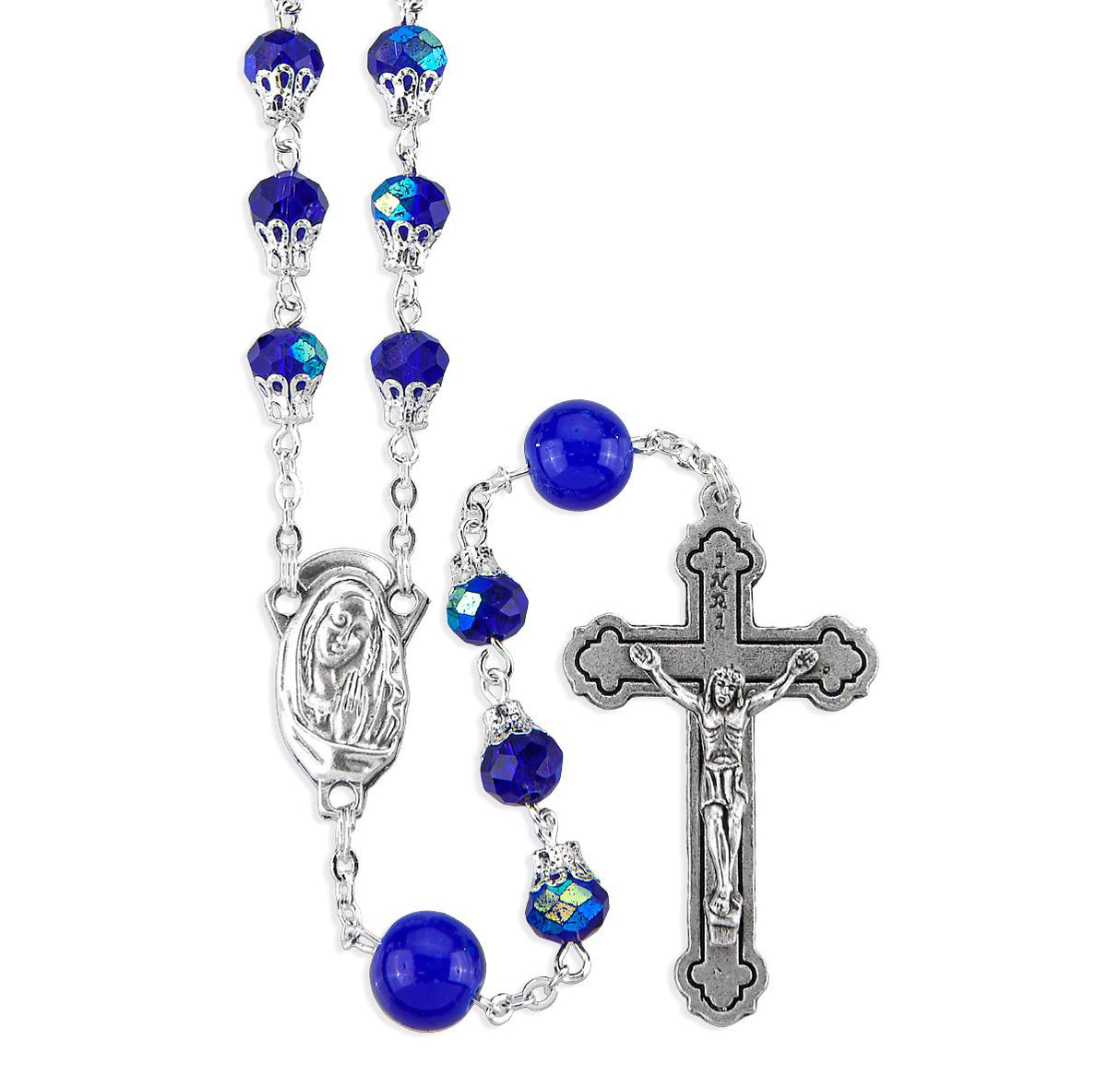 Capped Sapphire Crystal Bead Rosary with Round Our Father Beads