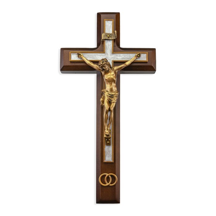 10" Walnut Wood and Pearlized Cross with a Gold Finish Corpus and Wedding Rings D2 "BODEGA CUADROS RUSTICOS"