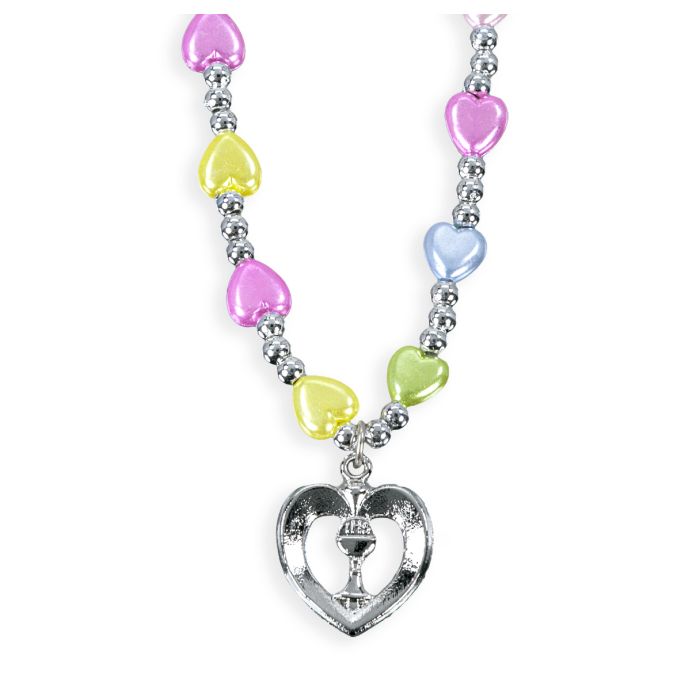 6mm Multicolor Heart Bead Necklace with Heart Shaped Outlined Chalice Pendant