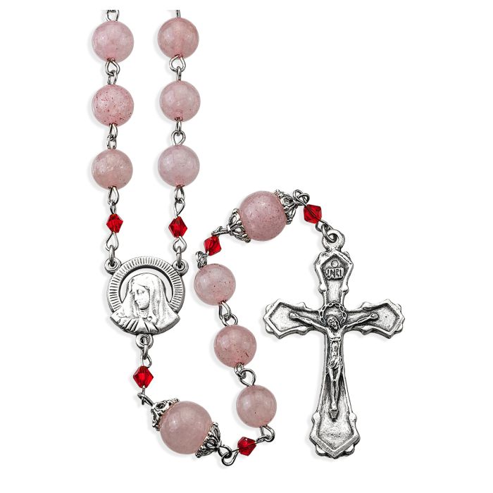 DELUXE ROSE QUARTZ BEAD ROSARY, BOXED