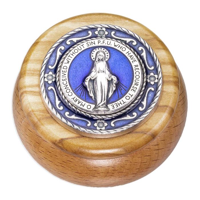 MIRACULOUS MEDAL WOOD & BLUE EPOXIED SILVER METAL KEEPSAKE BOX