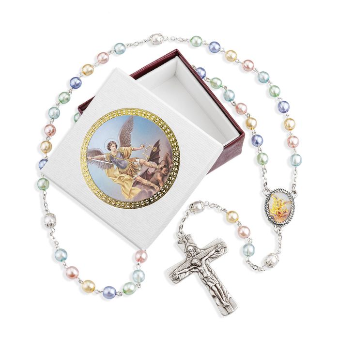 MULTICOLORED PEARLIZED GLASS BEAD SAINT MICHAEL ROSARY