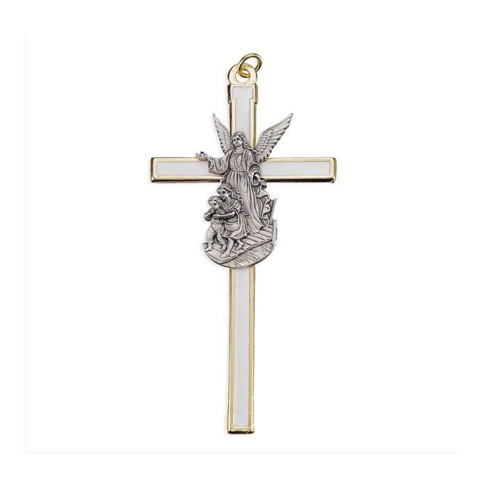 4.5" Gold Tone Pearlized White Epoxied Cross with Angel Figure in Pewter Finish