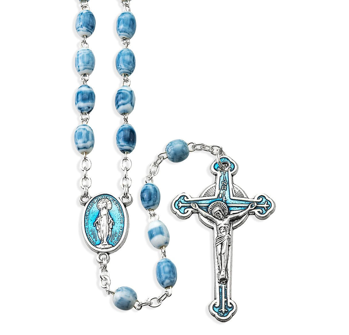 Oval Blue Marble Glass Bead Rosary, Boxed