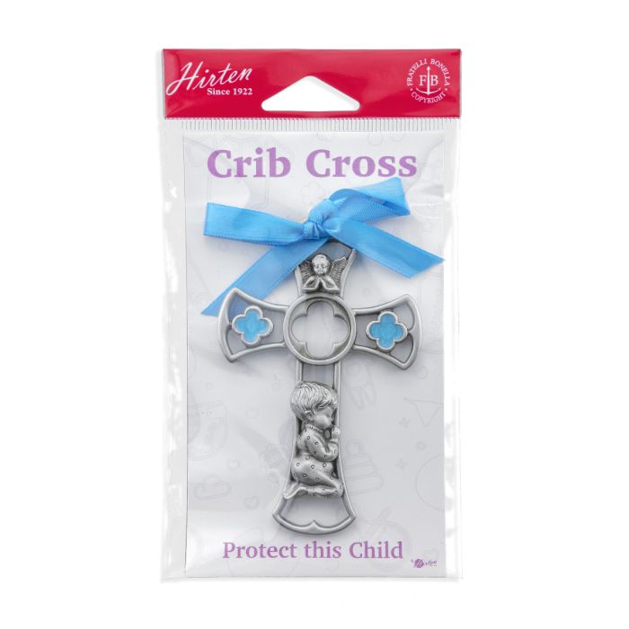 Baby Boy Genuine Pewter Cross with Blue Ribbon