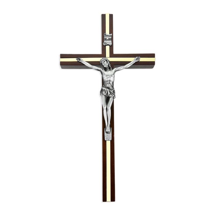 10" Walnut Crucifix with Gold Inlay and Antique Silver Finish Corpus-P65 D2"BODEGA CUADROS RUSTICOS"