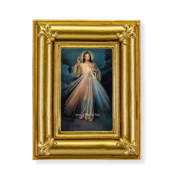 Gold Frame with Fleur de lis Corners and a Divine Mercy Print-P65