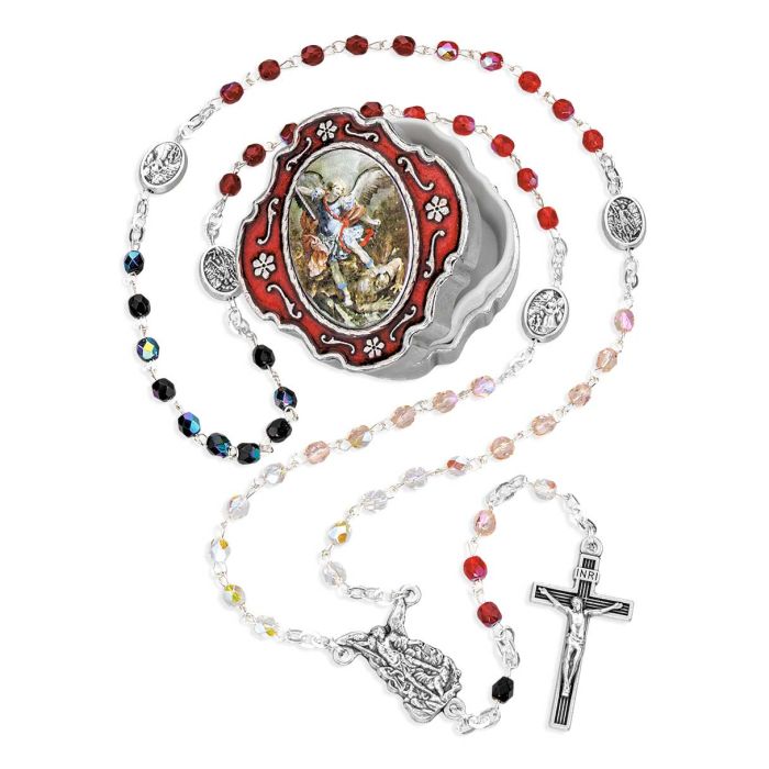 4mm Multi Colored Glass Bead Saint Michael Rosary in Relief Metal Keepsake Box