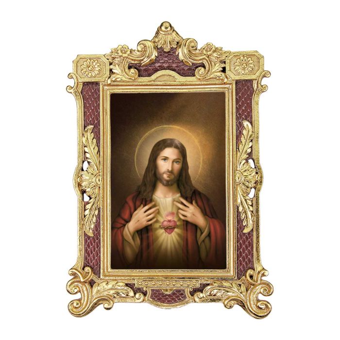 6 1/4" x 9 1/4" Textured Burgundy and Gold Photo Frame with Simeone: Sacred Heart of Jesus Print- P65