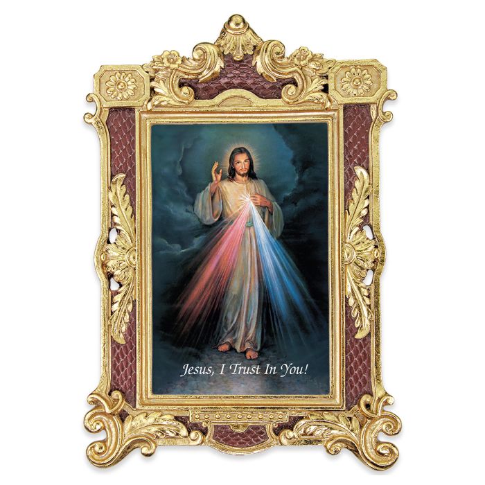 6 1/4" x 9 1/4" Textured Burgundy and Gold Photo Frame with Divine Mercy Print-P65