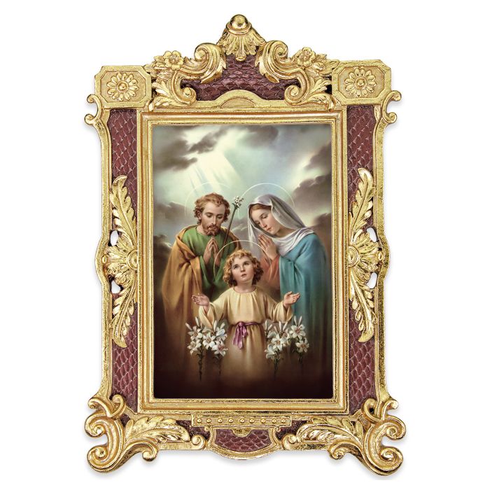 6 1/4" x 9 1/4" Textured Burgundy and Gold Photo Frame with Holy Family Print-P65 E-4R