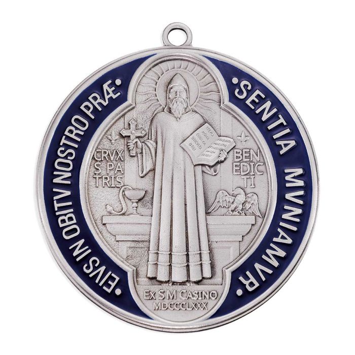 4 1/4" Pewter St. Benedict Medal with Red and Blue Epoxy (BOXED)