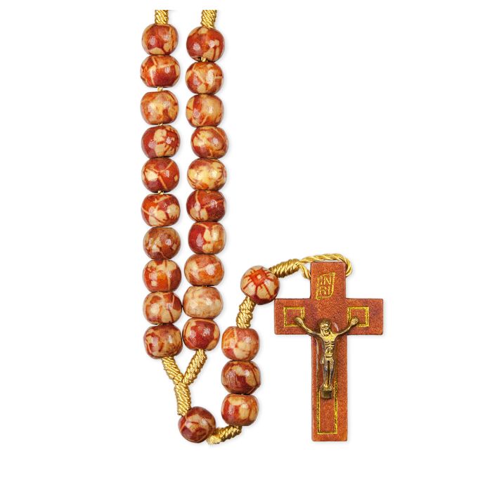 MARBLEIZED BURGUNDY WOOD BEAD ROSARY WITH WOOD CRUCIFIX