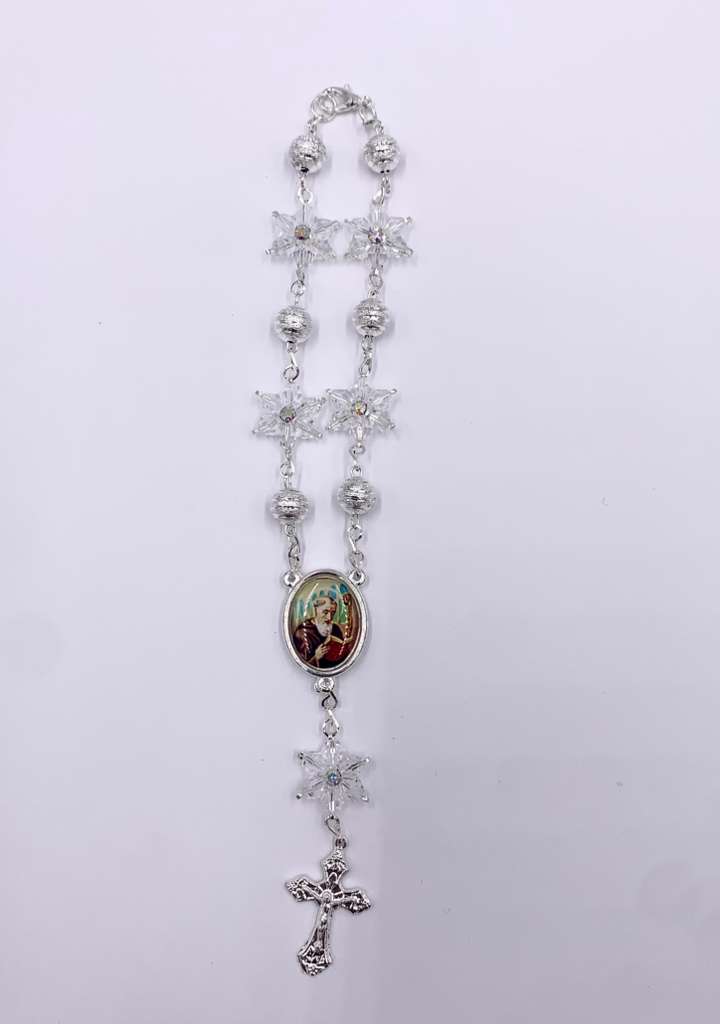 SILVER ONE-DECADE ROSARY WITH  CLEAR STARS