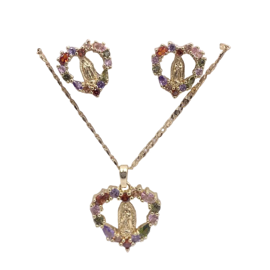 MULTI COLOR RHINESTONE HEART WITH OUR LADY OF GUADALUPE NECKLACE SET